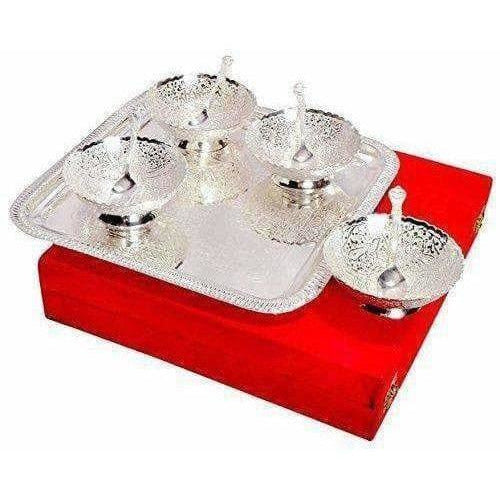 GOLDGIFTIDEAS Silver Plated Six Dry Fruit Serving Bowl Set with Tray, Silver  Manchurian Bowl Set for Gift