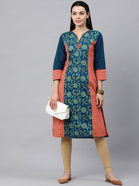 Thumbnail for Kalini Women Navy Blue & Orange Ethnic Printed Pure Cotton Kurta - Distacart