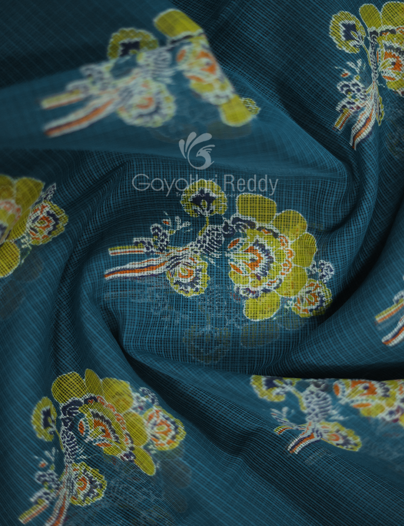 Shades of Peacock Blue With Block Design Pure Kota Cotton Saree By Gayathri Reddy Designer Studio - Distacart