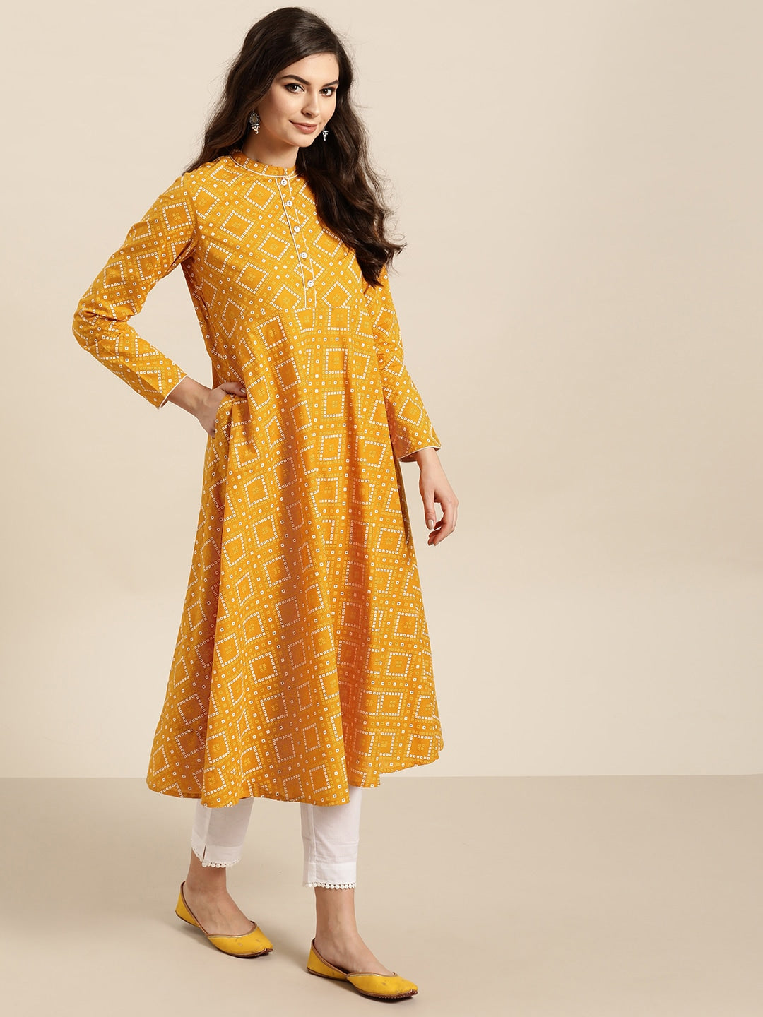 Sangria Women Mustard Yellow Red Printed A Line Kurta