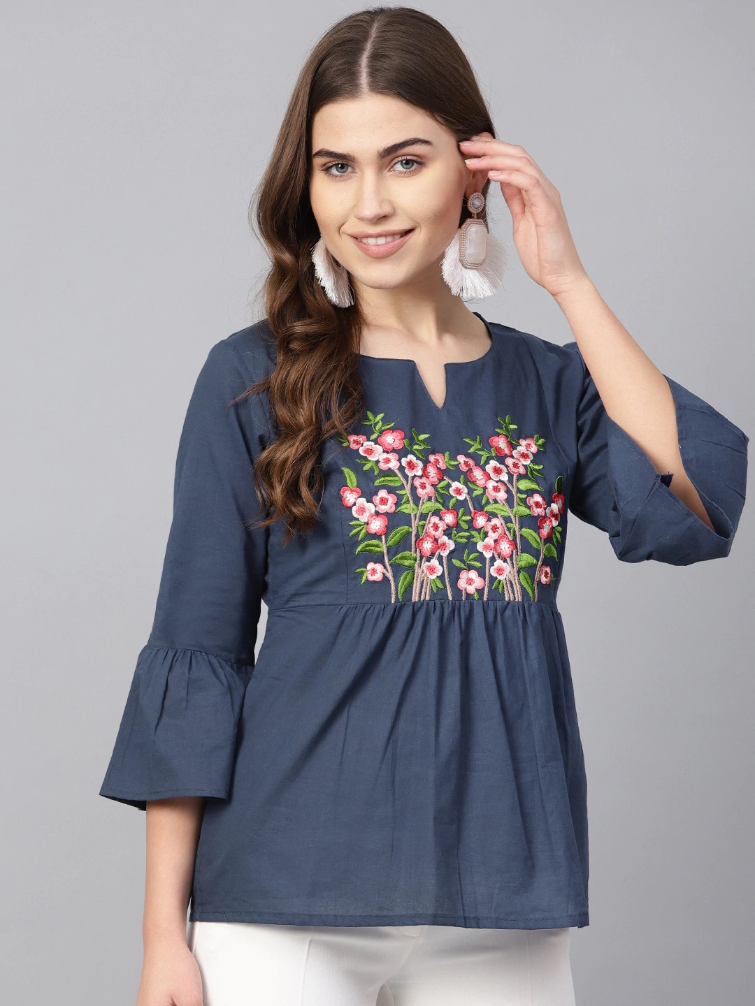 Wahe-NOOR Women's Navy Blue Embroidered Detail A-Line Top