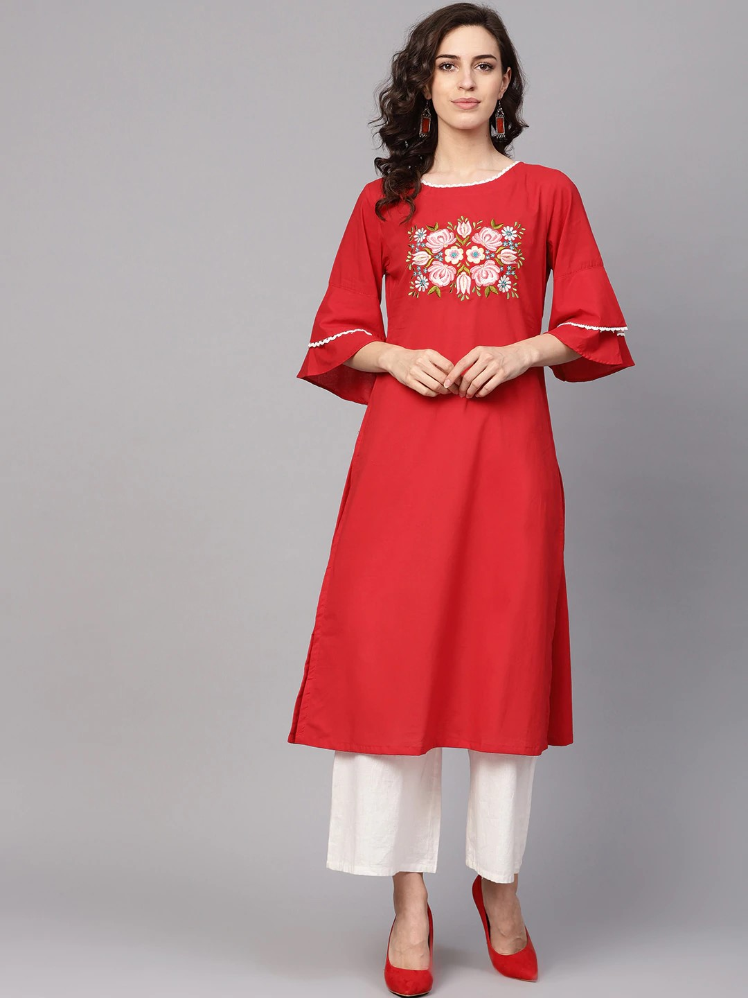 Wahe-NOOR Women's Red Yoke Design A-Line Kurta - Distacart