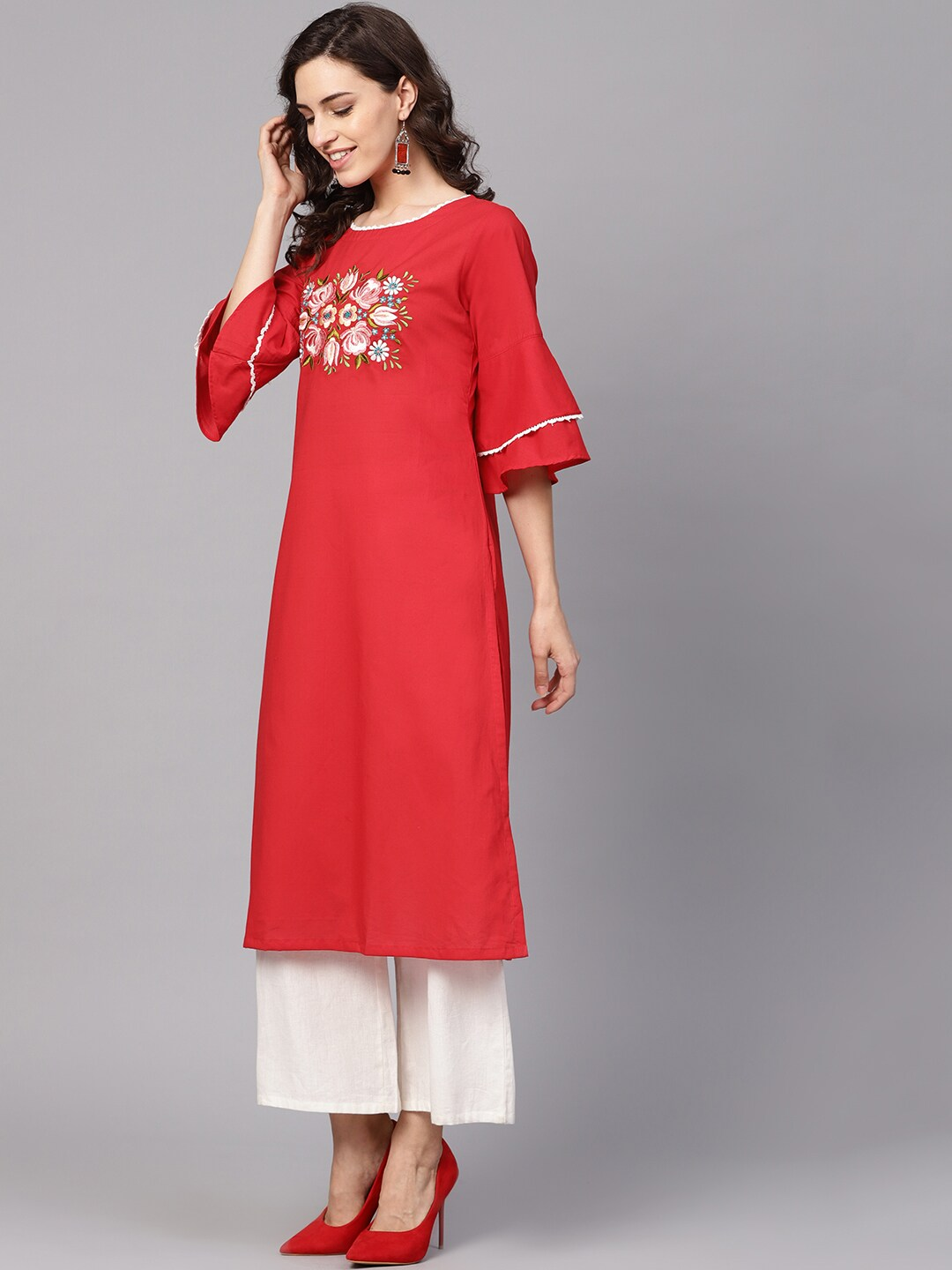 Wahe-NOOR Women's Red Yoke Design A-Line Kurta - Distacart