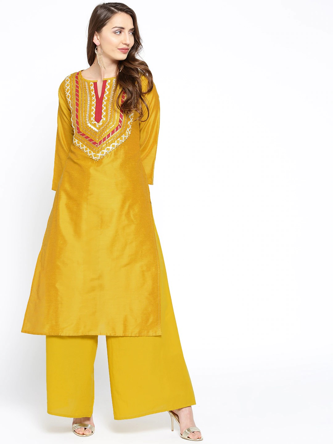 Wahe-NOOR Women's Mustard Yellow & Maroon Gotta Patti Yoke Design Kurta With Palazzos - Distacart