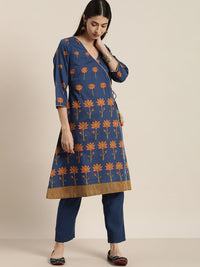 Thumbnail for All About You Women Blue Floral Printed Angrakha Kurta with Trousers - Distacart