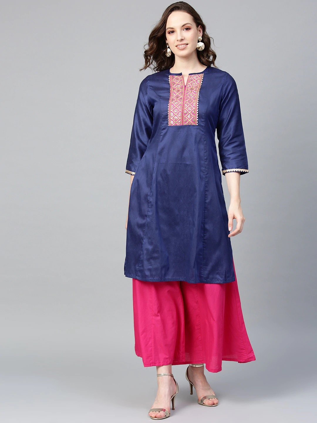 Wahe-NOOR Women's Navy Blue & Pink Yoke Design Kurta With Palazzos 2 - Distacart