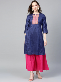 Thumbnail for Wahe-NOOR Women's Navy Blue & Pink Yoke Design Kurta With Palazzos 2 - Distacart