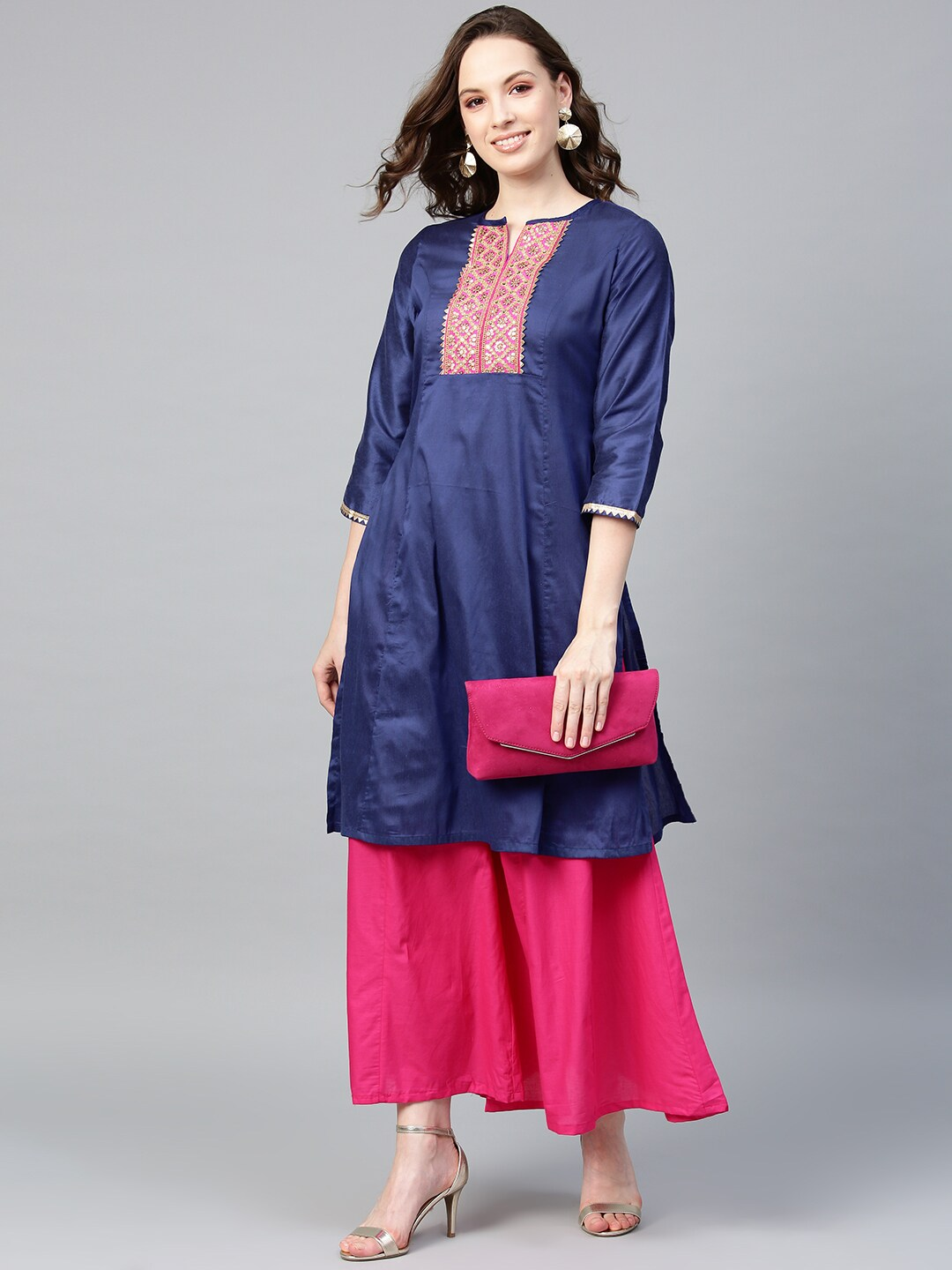 Wahe-NOOR Women's Navy Blue & Pink Yoke Design Kurta With Palazzos 2 - Distacart