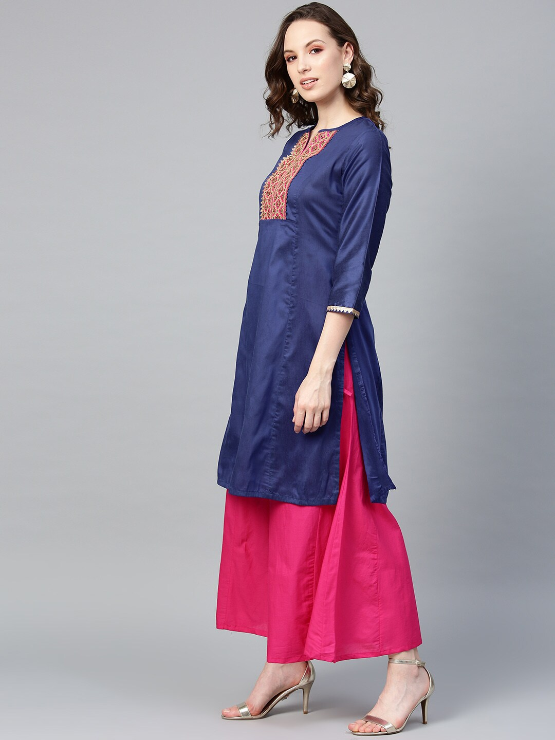 Wahe-NOOR Women's Navy Blue & Pink Yoke Design Kurta With Palazzos 2 - Distacart