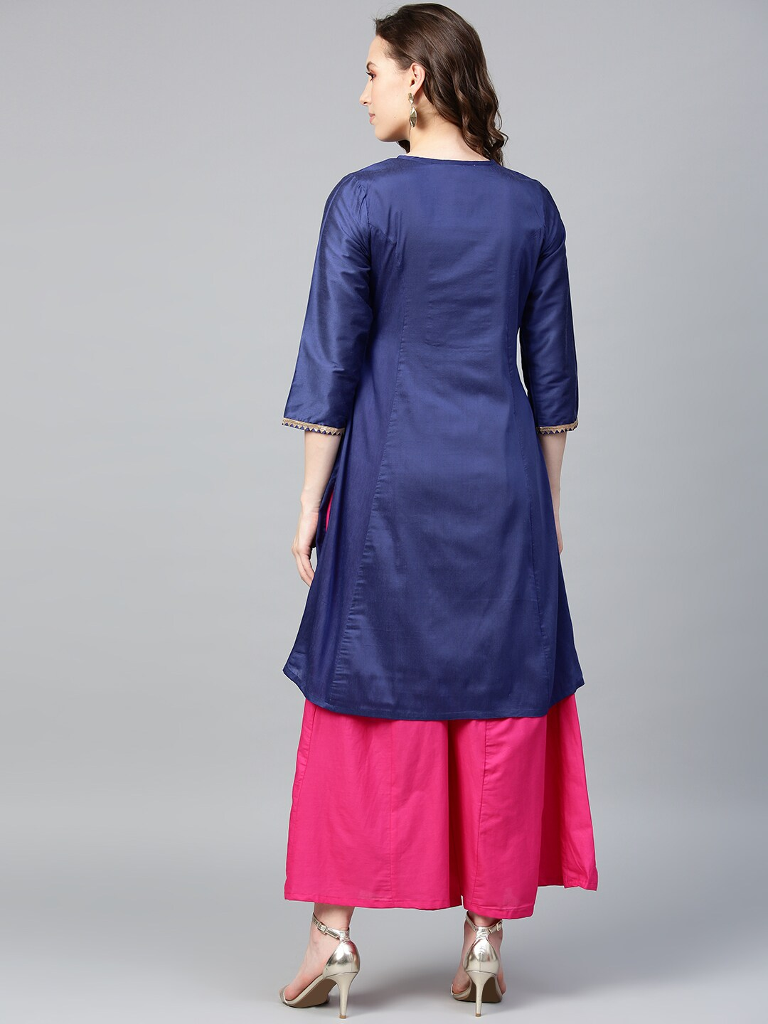 Wahe-NOOR Women's Navy Blue & Pink Yoke Design Kurta With Palazzos 2 - Distacart