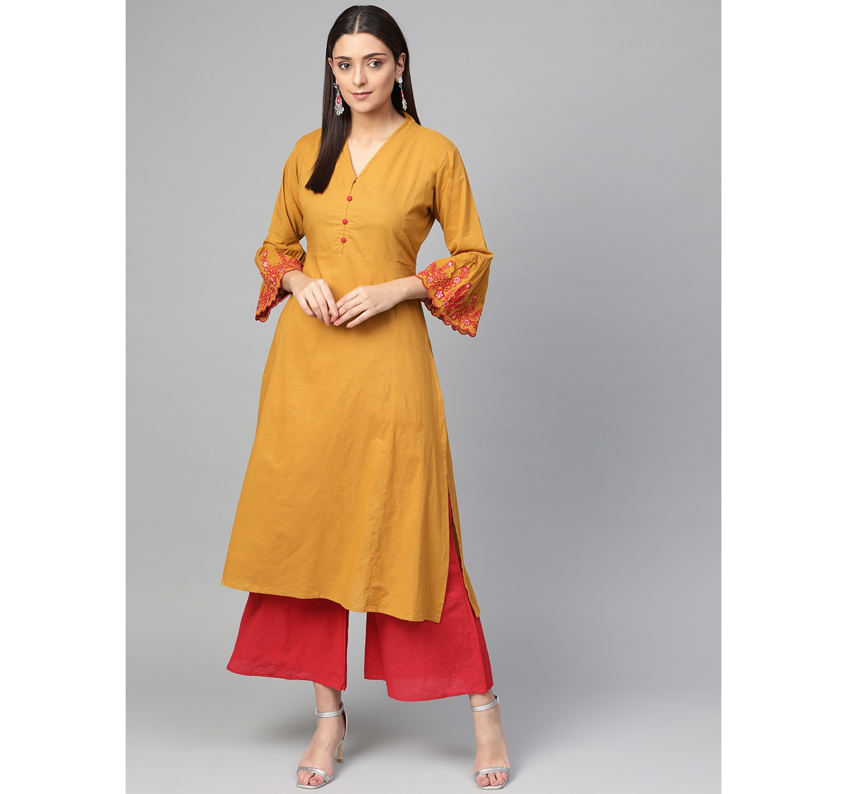 Wahe-NOOR Women's Mustard Yellow & Red Solid Kurta With Palazzos - Distacart