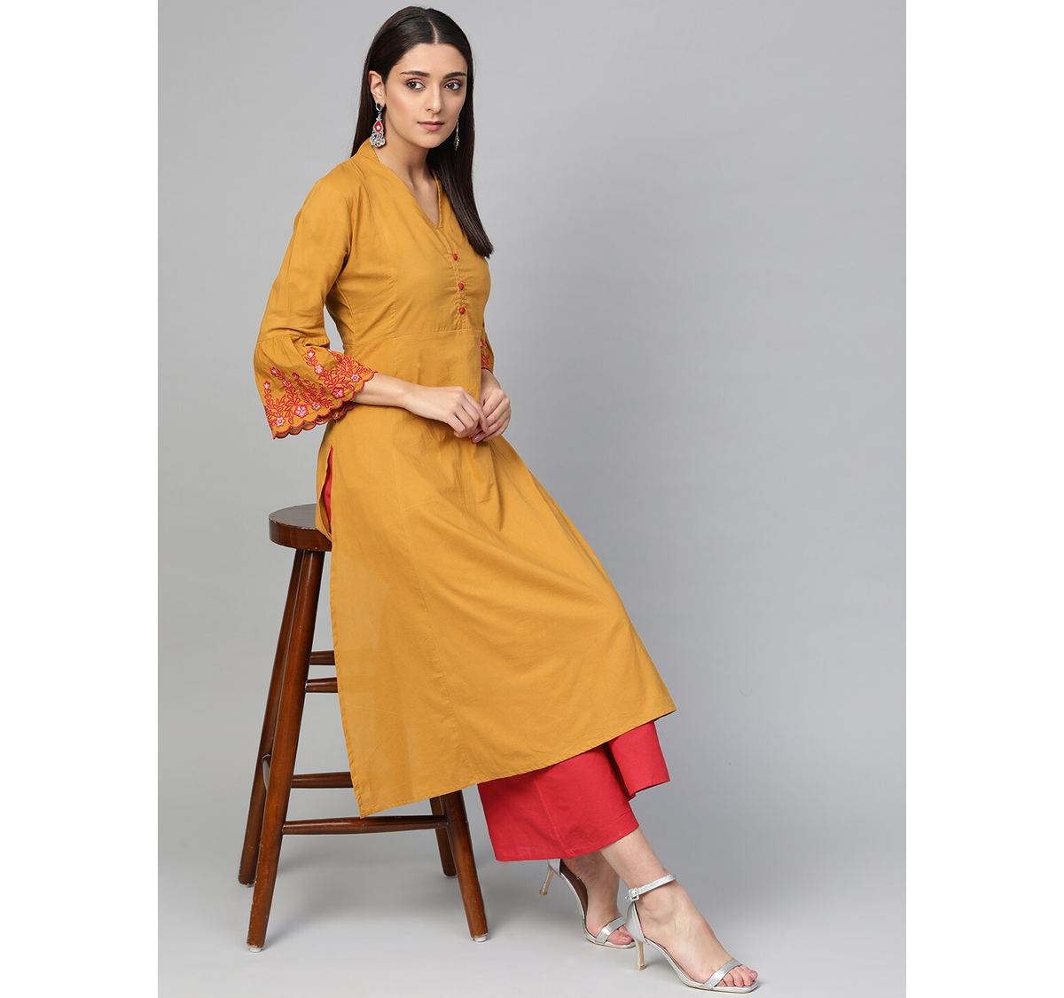 Wahe-NOOR Women's Mustard Yellow & Red Solid Kurta With Palazzos - Distacart