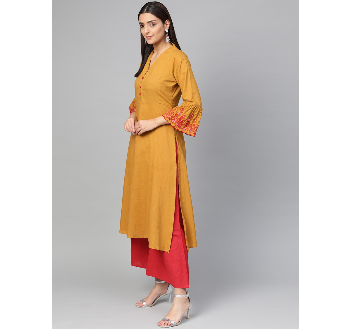 Wahe-NOOR Women's Mustard Yellow & Red Solid Kurta With Palazzos - Distacart