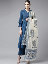 Thumbnail for Wahe-NOOR Women's Blue Yoke Design Kurta With Palazzos & Dupatta - Distacart