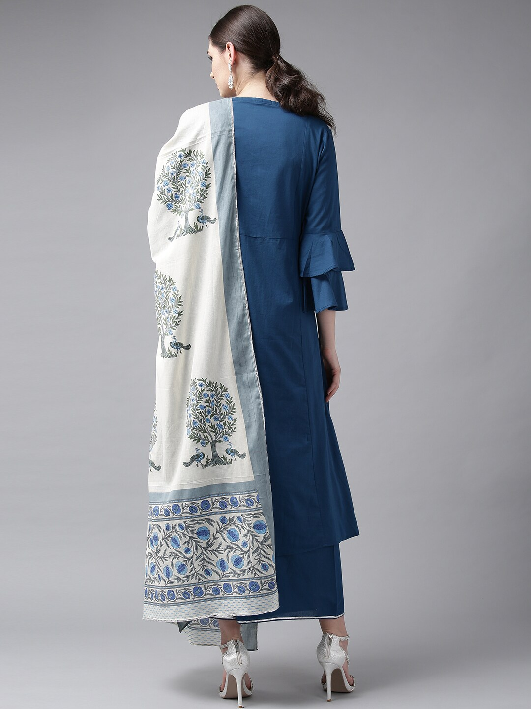 Wahe-NOOR Women's Blue Yoke Design Kurta With Palazzos & Dupatta - Distacart