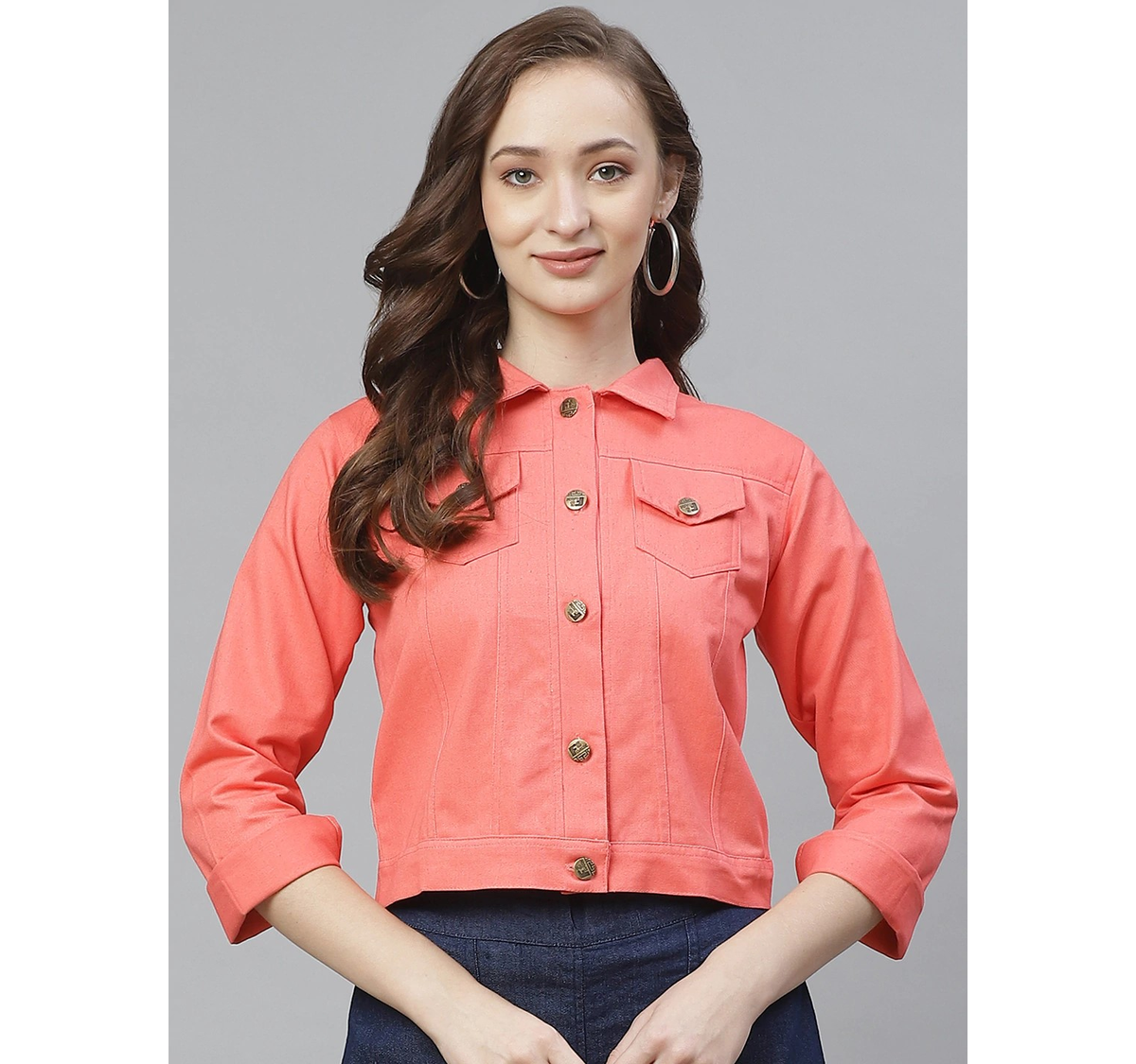 Peach colour denim jacket sale