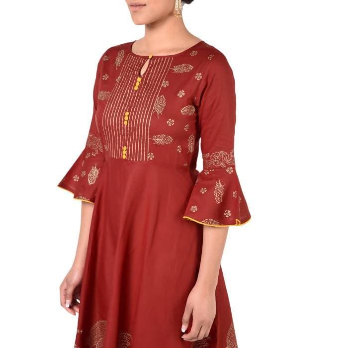 Aniyah Cotton Gold Print Flared Anarkali Kurta Maroon (AN-162K)