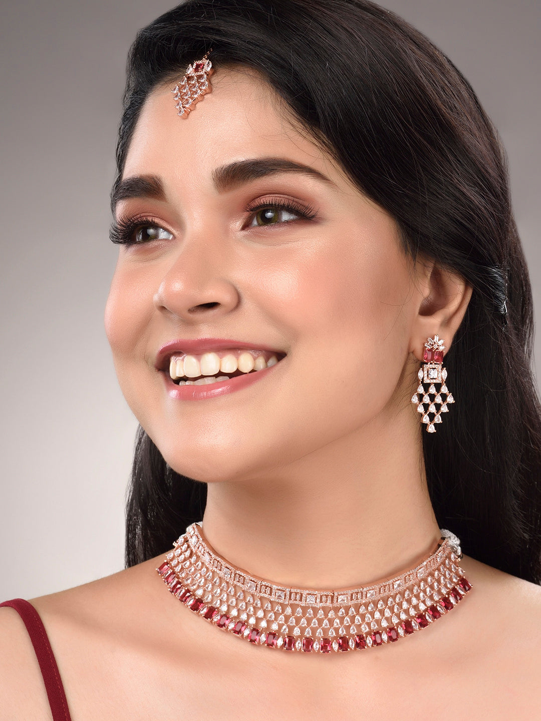 Saraf RS Jewellery Rose Gold-Plated & Red AD & CZ-Studded Contemporary Jewellery Set - Distacart