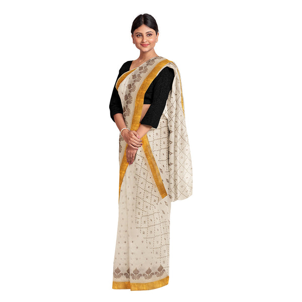 Exclusive Collection 100% Pure Cotton Off White Brown Saree With Printed Work - Distacart