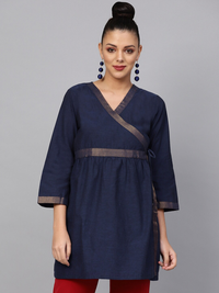 Thumbnail for Wahe-NOOR Women's Navy Blue Solid Angrakha Tunic - Distacart