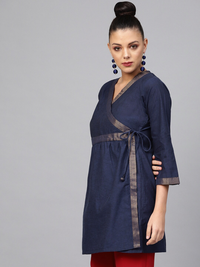 Thumbnail for Wahe-NOOR Women's Navy Blue Solid Angrakha Tunic - Distacart