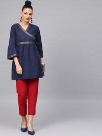 Thumbnail for Wahe-NOOR Women's Navy Blue Solid Angrakha Tunic - Distacart