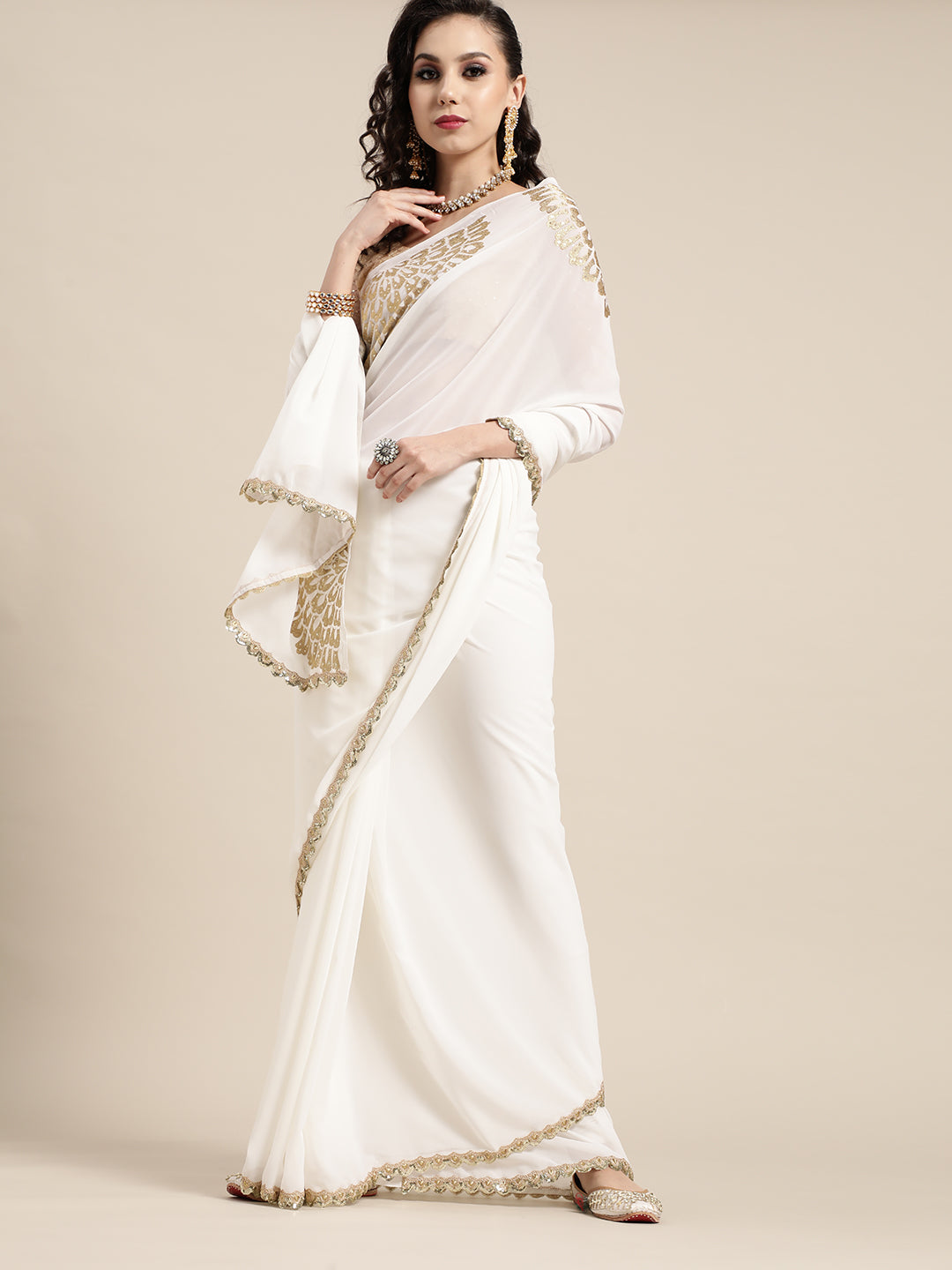 Saree Mall Off White & Golden Ethnic Motifs Saree - Distacart