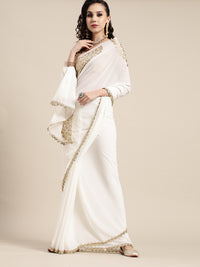 Thumbnail for Saree Mall Off White & Golden Ethnic Motifs Saree - Distacart