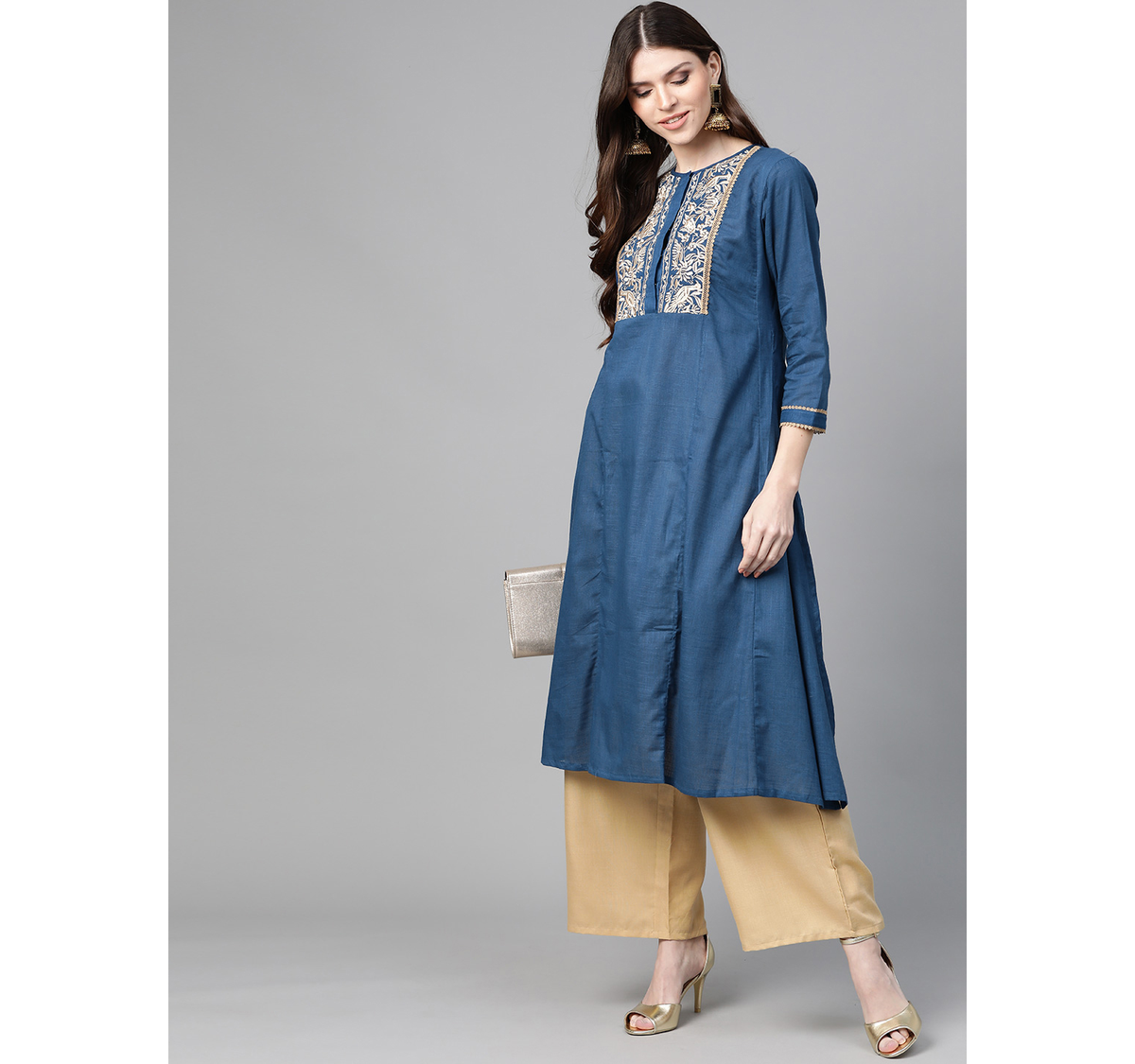 Wahe-NOOR Women's Navy Blue & Beige Yoke Design Kurta With Palazzos - Distacart