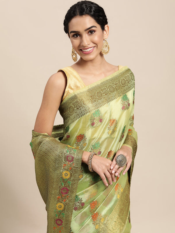 Crocodile Green Woven Zari Organza Saree SARV155392