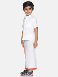 Thumbnail for Sethukrishna Boys White Pure Cotton Solid Shirt and Veshti Set - Distacart