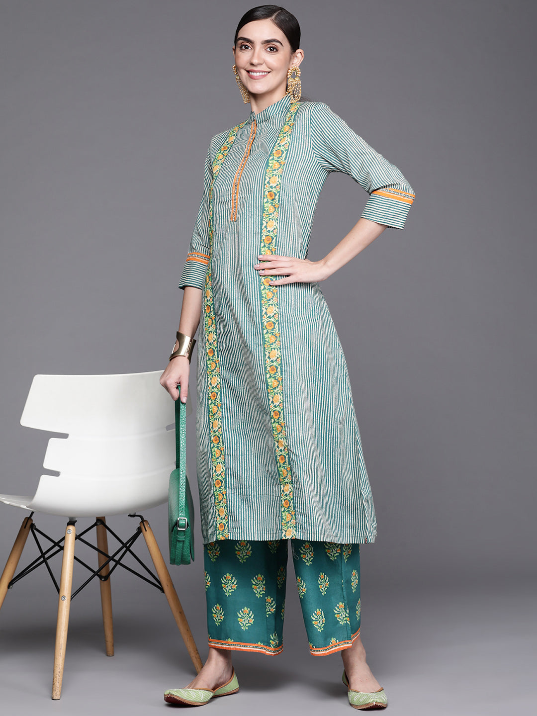 Biba Women Teal Green & Off-White Printed Pure Cotton Kurta with Palazzos - Distacart