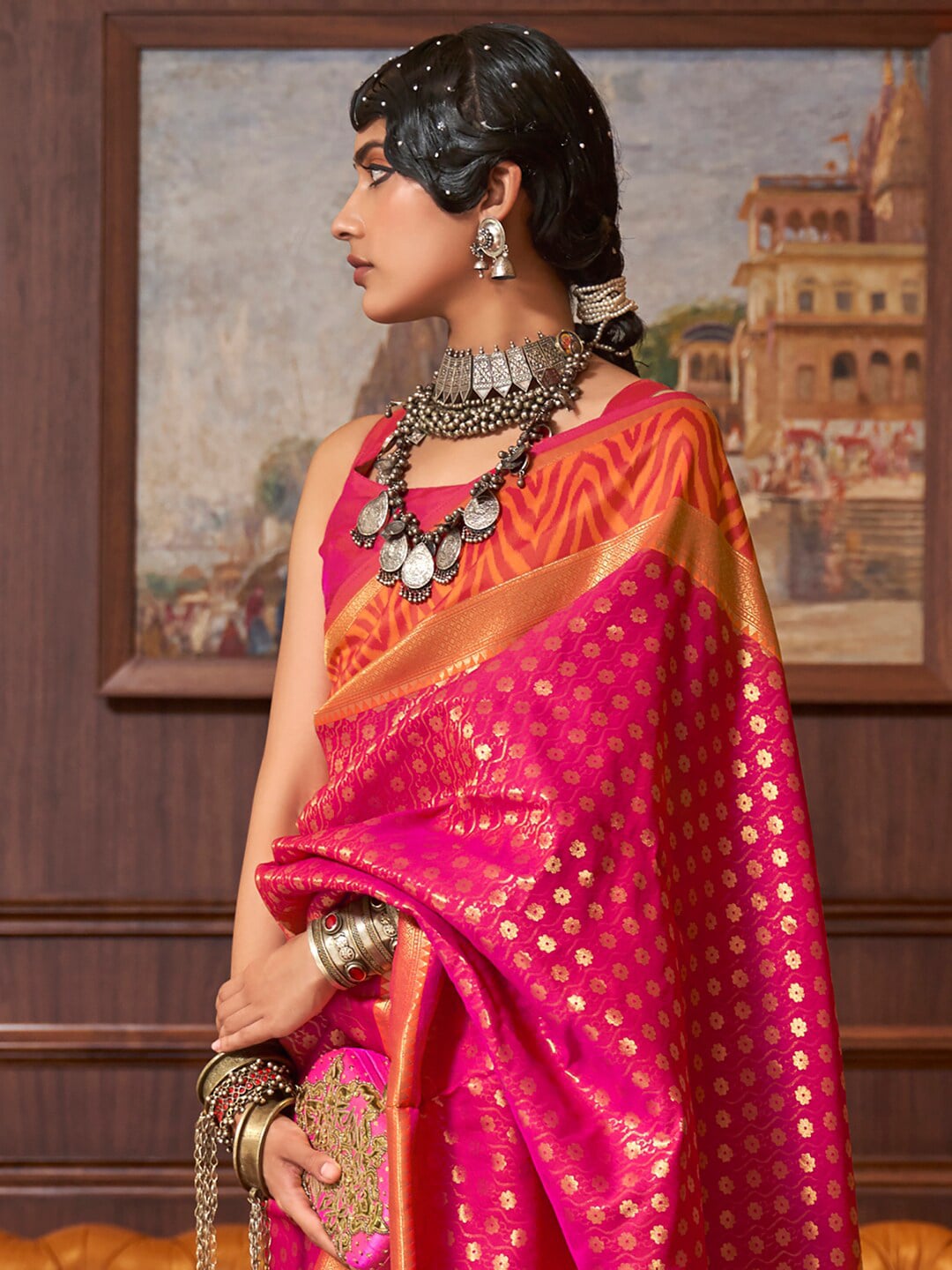 Buy online Banarasi Organza Saree with Zari Motifs Woven & Rich Pallu -  Pink-AF1518