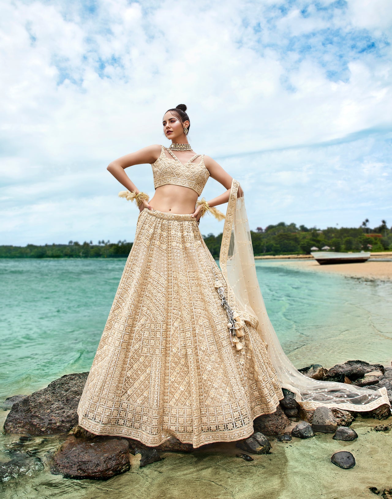 House of Panchhi Cream Net Sequins, Zarkan And Thread Embroidery Lehenga Choli & Dupatta - Distacart