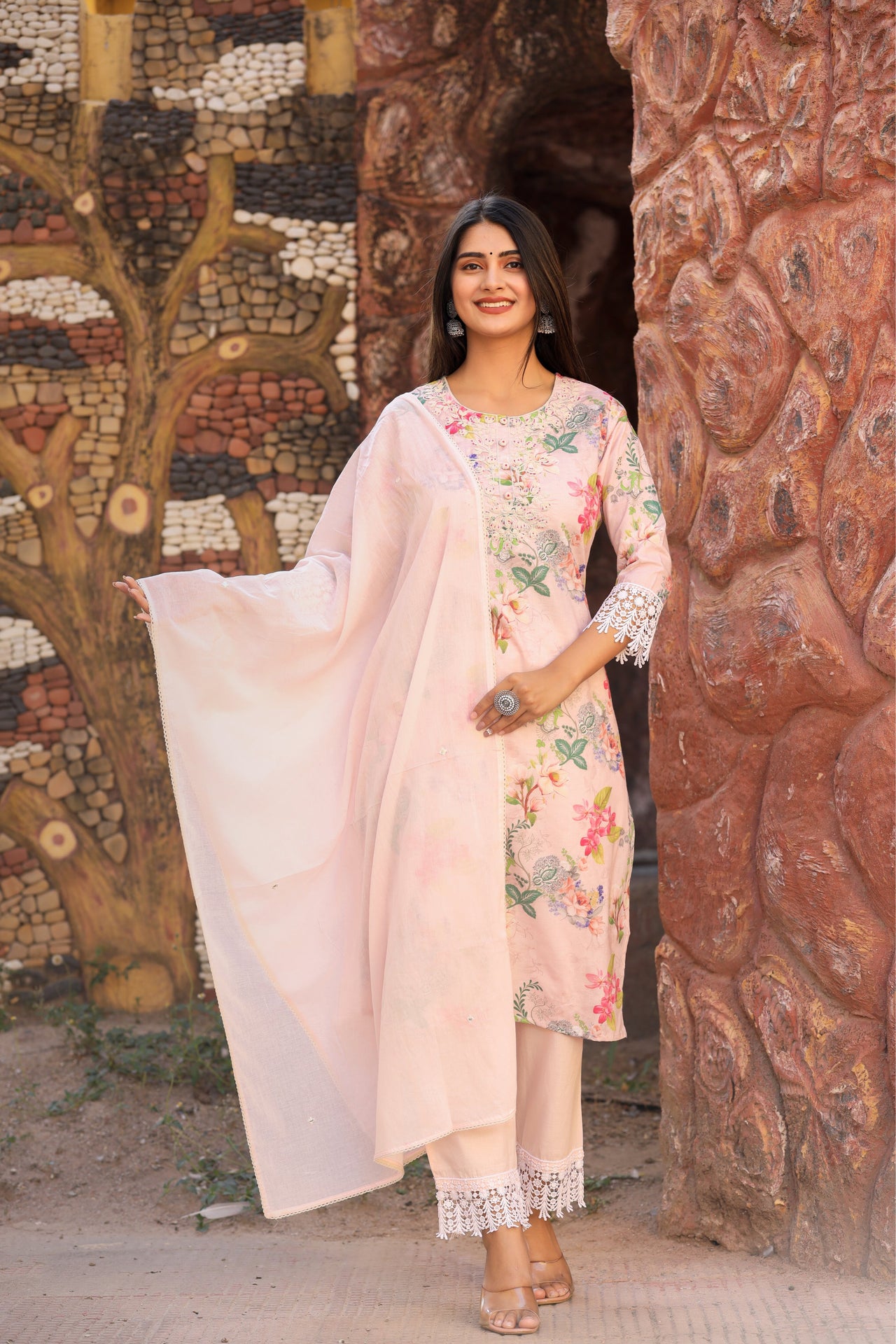 NOZ2TOZ Women Floral Printed Thread Work Pure Cotton Kurta with Trousers Dupatta - Peach - Distacart