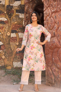 Thumbnail for NOZ2TOZ Women Floral Printed Thread Work Pure Cotton Kurta with Trousers Dupatta - Peach - Distacart