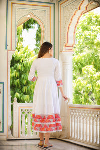 Thumbnail for NOZ2TOZ Women Floral Schiflli Mirror Work Fit Flare Midi Cotton Ethnic Dress Dupatta - White - Distacart