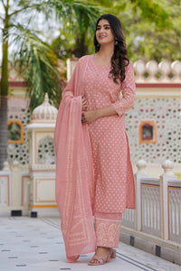 Thumbnail for NOZ2TOZ Women Ethnic Motifs Printed Thread Work Pure Cotton Kurta with Trousers Dupatta - Peach - Distacart