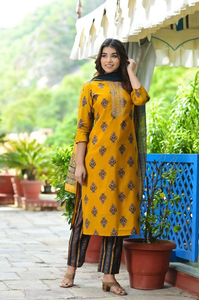 Yufta Women Mustard Yellow & Navy Blue Printed Kurta with Trouser and Dupatta