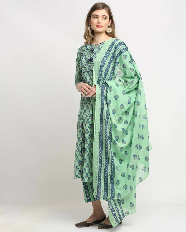 Aastha Fashion Women's Pista Green Cotton Jaipuri Printed Kurta with Trouser & Dupatta - Distacart