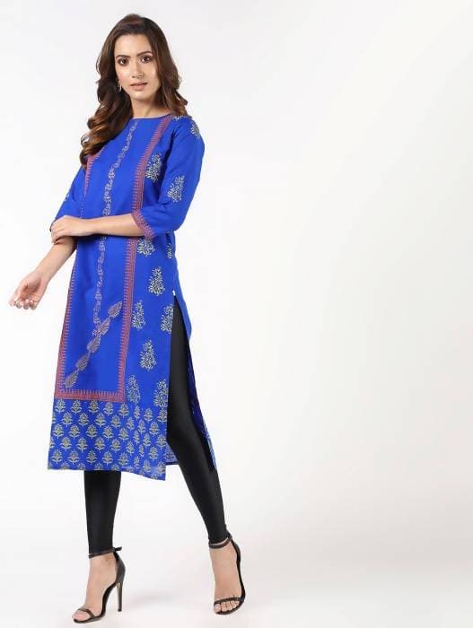 Aniyah Cotton Block Printed Straight Kurta Blue (AN-140K)