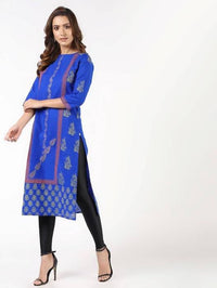 Thumbnail for Aniyah Cotton Block Printed Straight Kurta Blue (AN-140K)