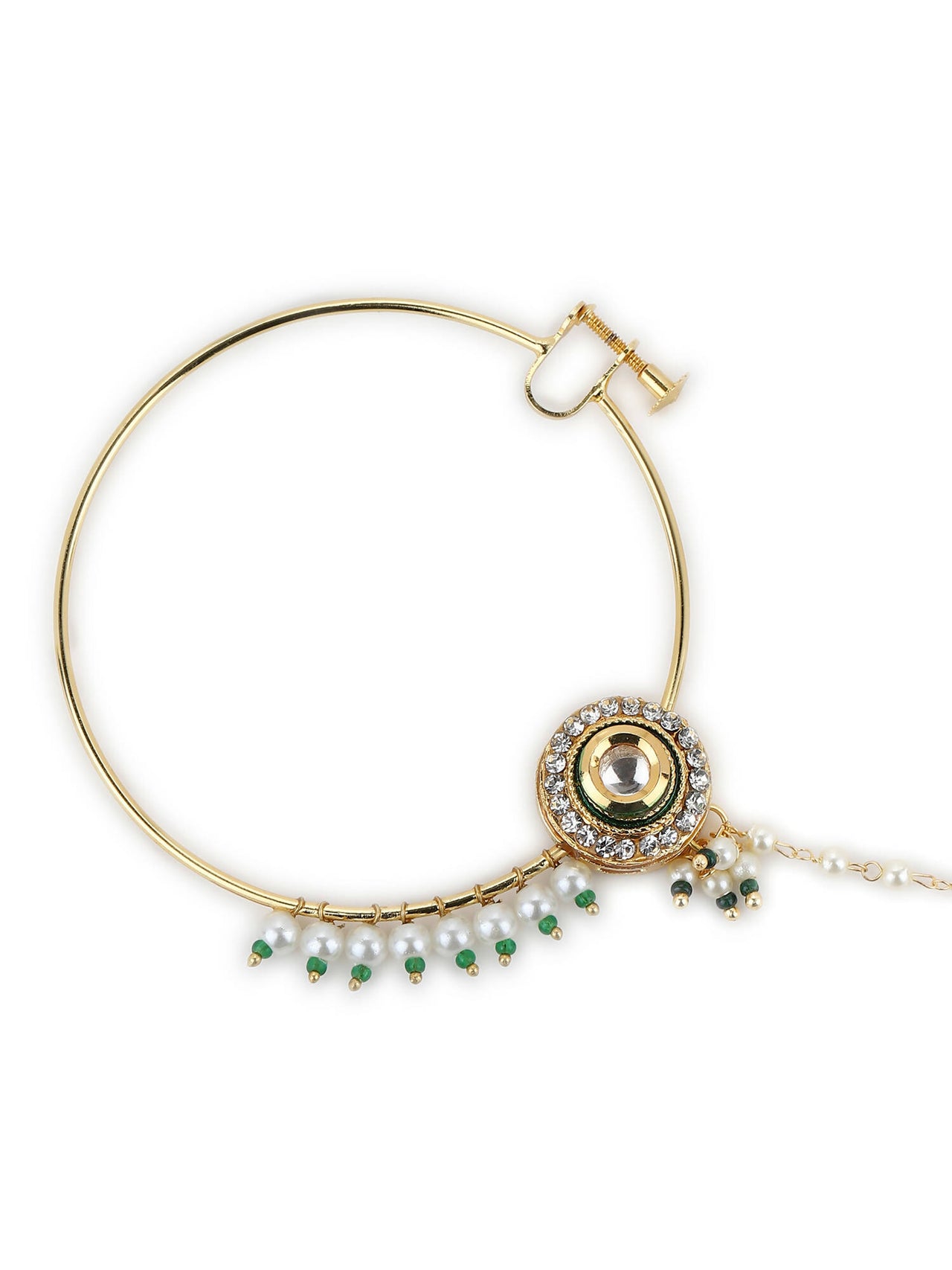 Gold-Plated White Green Kundan-Studded Pearl Beaded Nosepin - Ruby Raang - Distacart