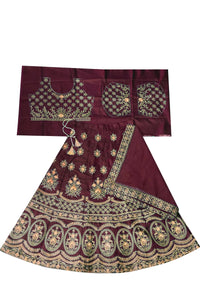 Thumbnail for Dwiden Maroon Lehriyu Tafetta Sattin Semi-Stitched Girl's Lehenga Choli - Distacart