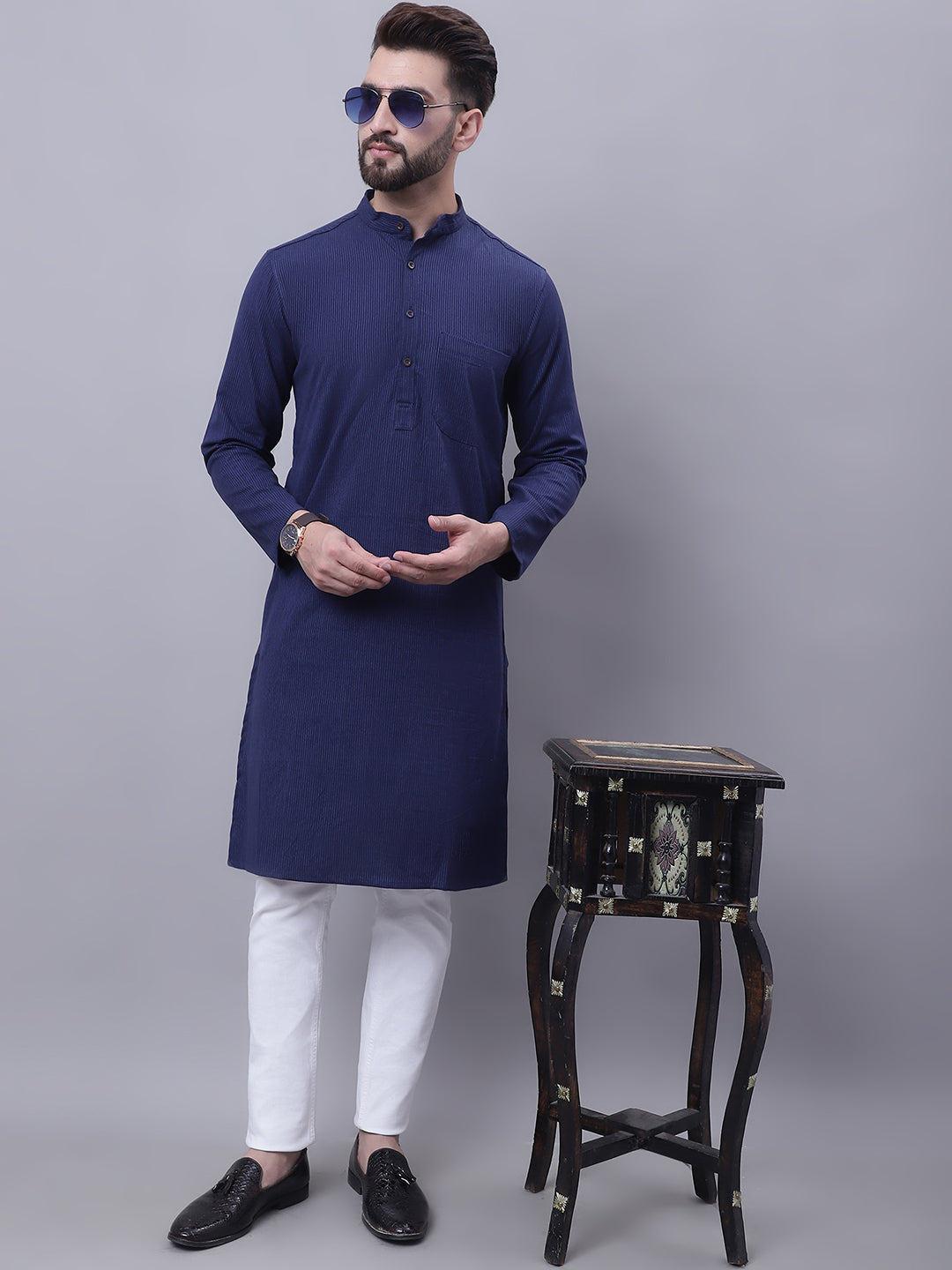 Even Apparels Blue Pure Cotton Kurta With Band Collar - Distacart