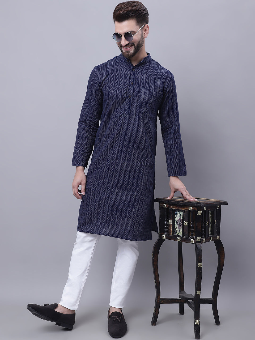 Even Apparels Blue Pure Cotton Kurta With Band Collar - Distacart