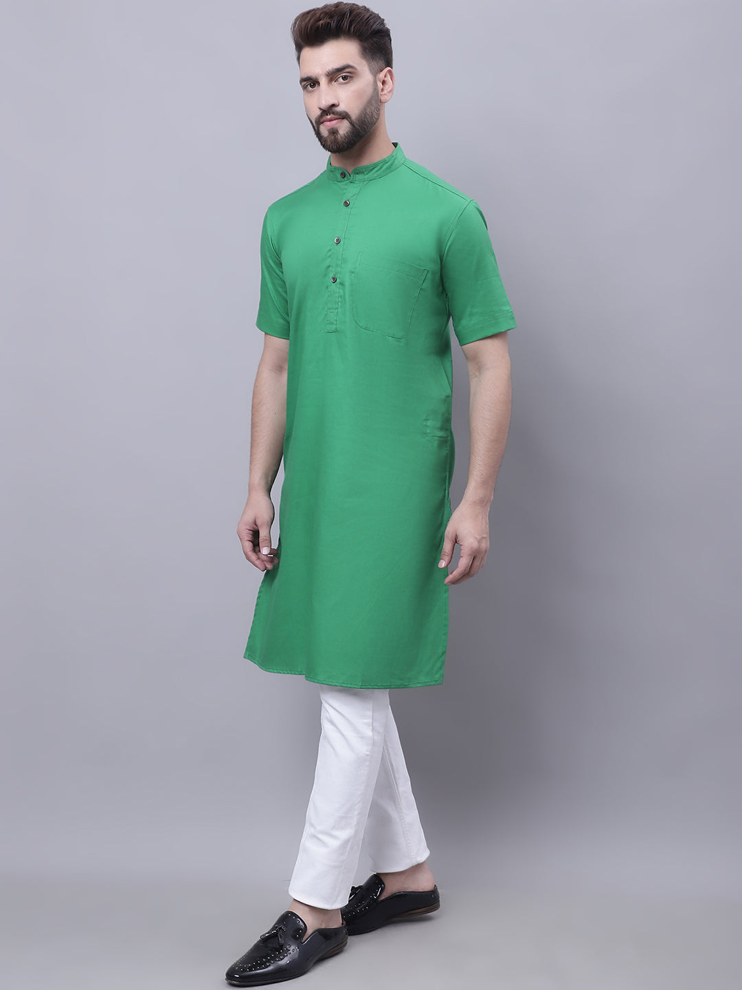 Even Apparels Green Pure Cotton Short Sleeves Kurta With Band Collar - Distacart