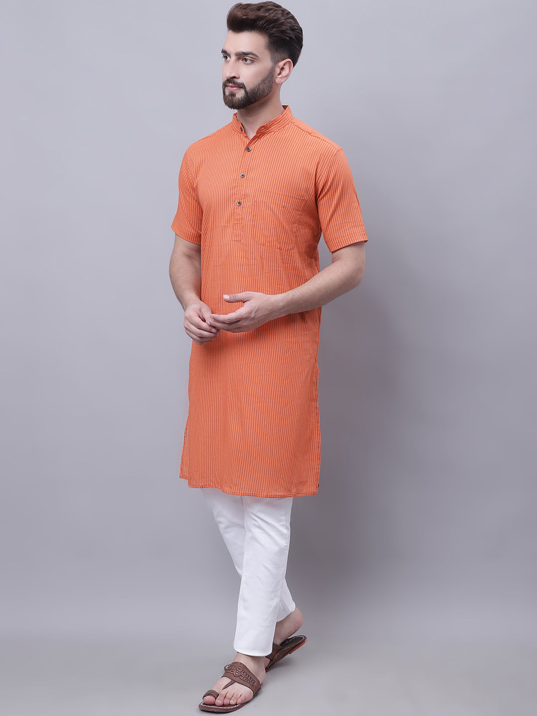 Even Apparels Rust Pure Cotton Short Sleeves Kurta With Band Collar - Distacart