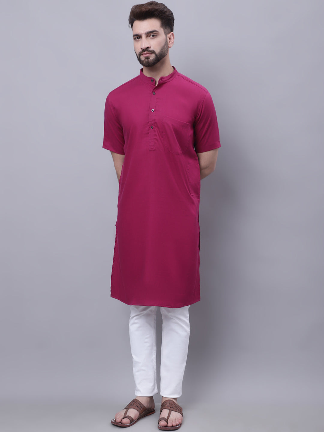 Even Apparels Maroon Pure Cotton Short Sleeves Kurta With Band Collar - Distacart