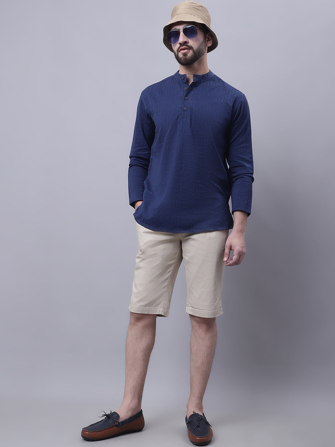 Even Apparels Blue Pure Cotton Short Kurta With Band Collar - Distacart